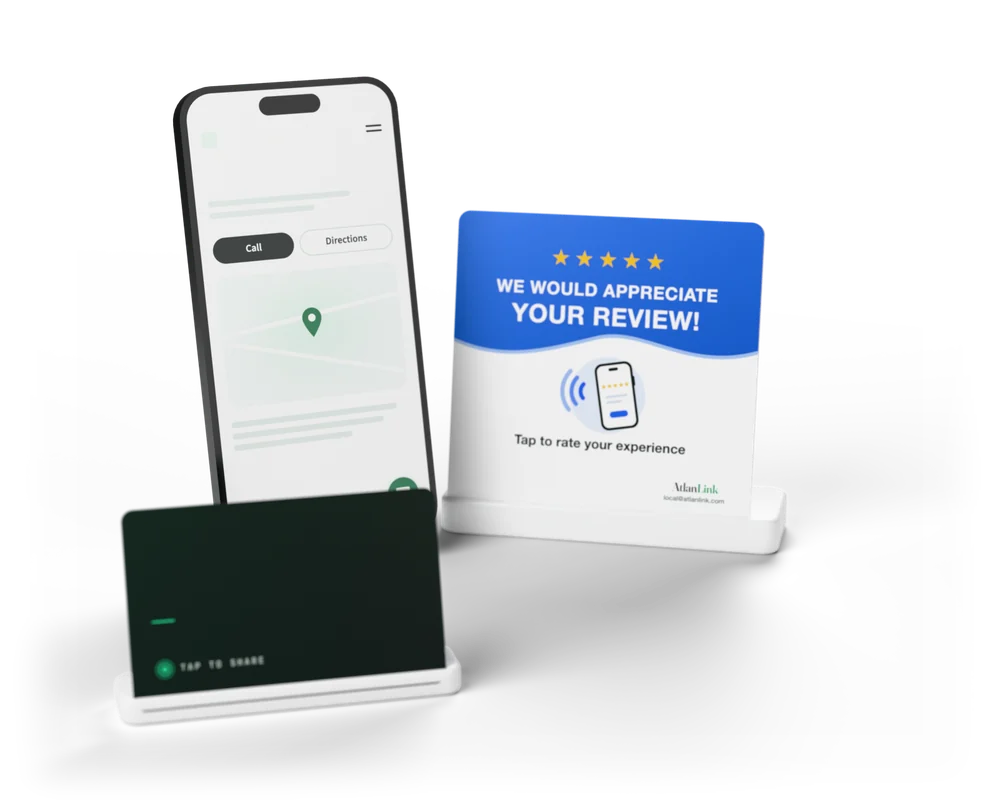 A phone showing the business website with a map, the blue NFC review stand asking for a review, and an NFC business card standing in front.